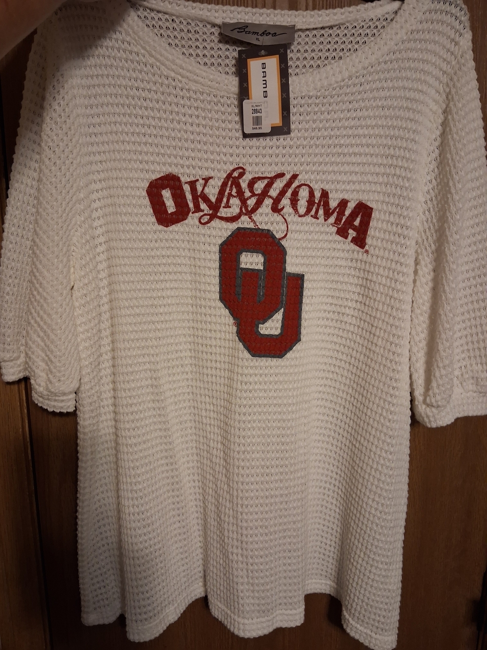 BNWT WOMENS BAMBOO WHITE WAFFLE SHIRT With Oklahoma Logo SIZE XL PUFF SLEEVE
